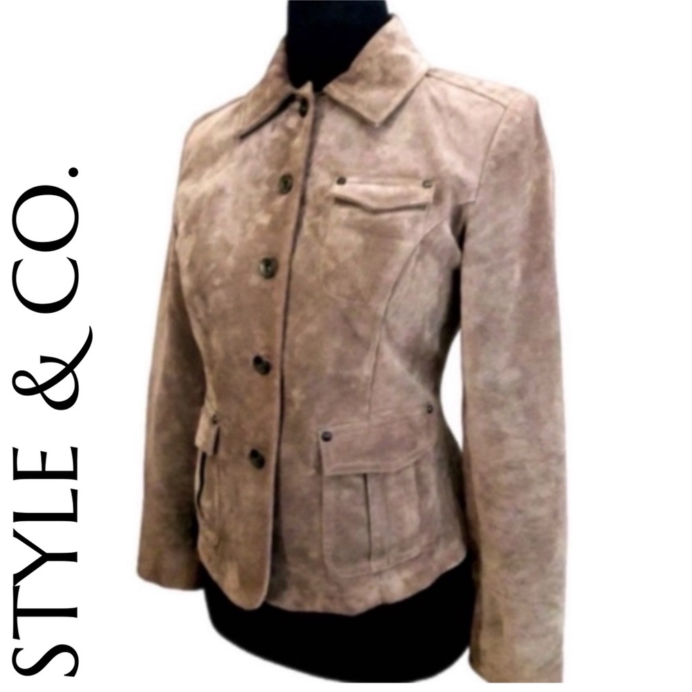 Style & Co Petite Genuine Leather Jacket Women's Small Suede Brown Button Lined